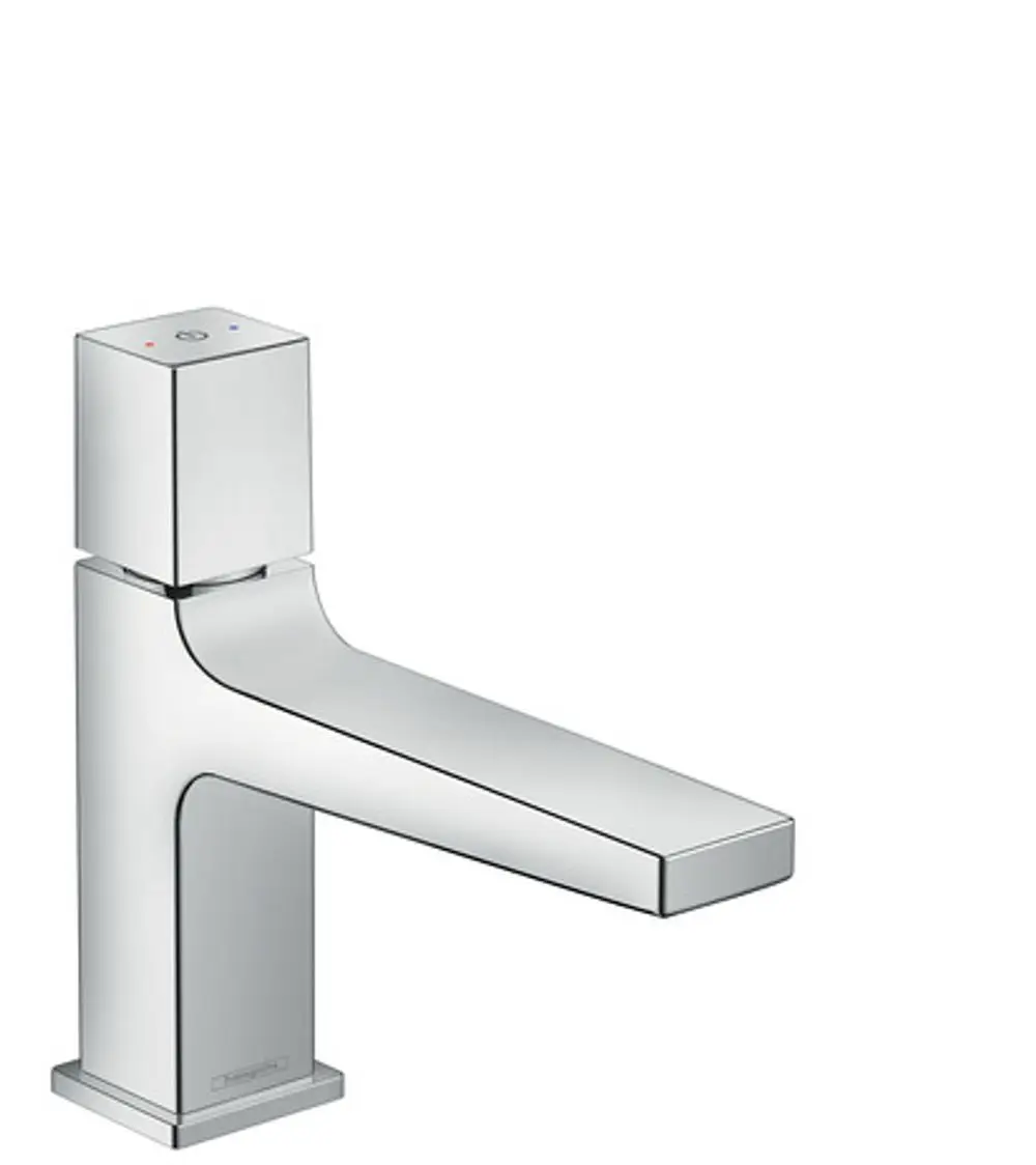 Hansgrohe Wasserhahn in Chrom mit quadratischem Design und abgerundeten Kanten. Der Bedienhebel ist oben angebracht und hat eine Push-Open Ablaufgarnitur.